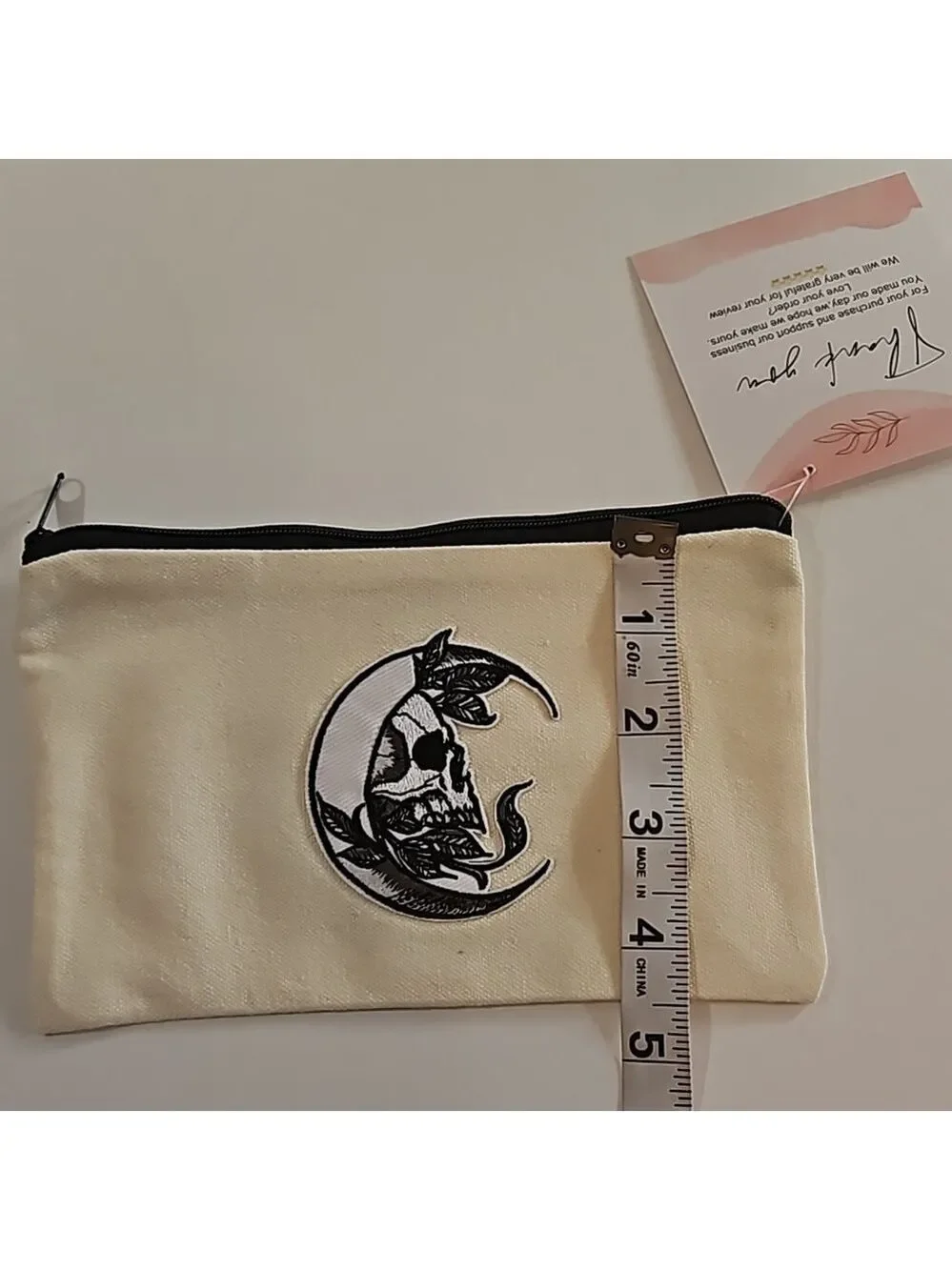 Hand Crafted Multi-use Bag Beige Zipper Pencil Case Skull Motif Iron-on Patch